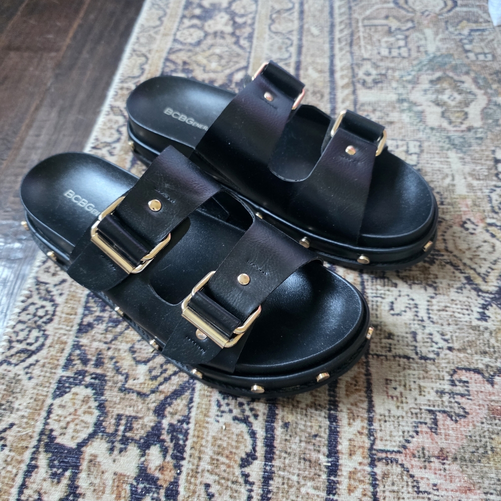 BCBG Black Slides with Gold Accents
